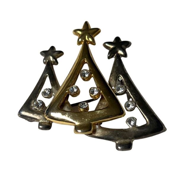 Vintage Christmas Tree Trio Pin Silver and Gold Rhinestone Holiday Brooch - Picture 4 of 4